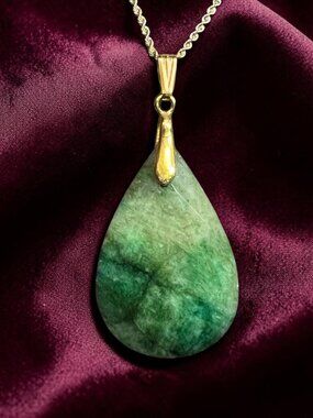 14K Gold Emerald Necklace 20" 10K Gold Rope Chain Large Natural African Emerald
